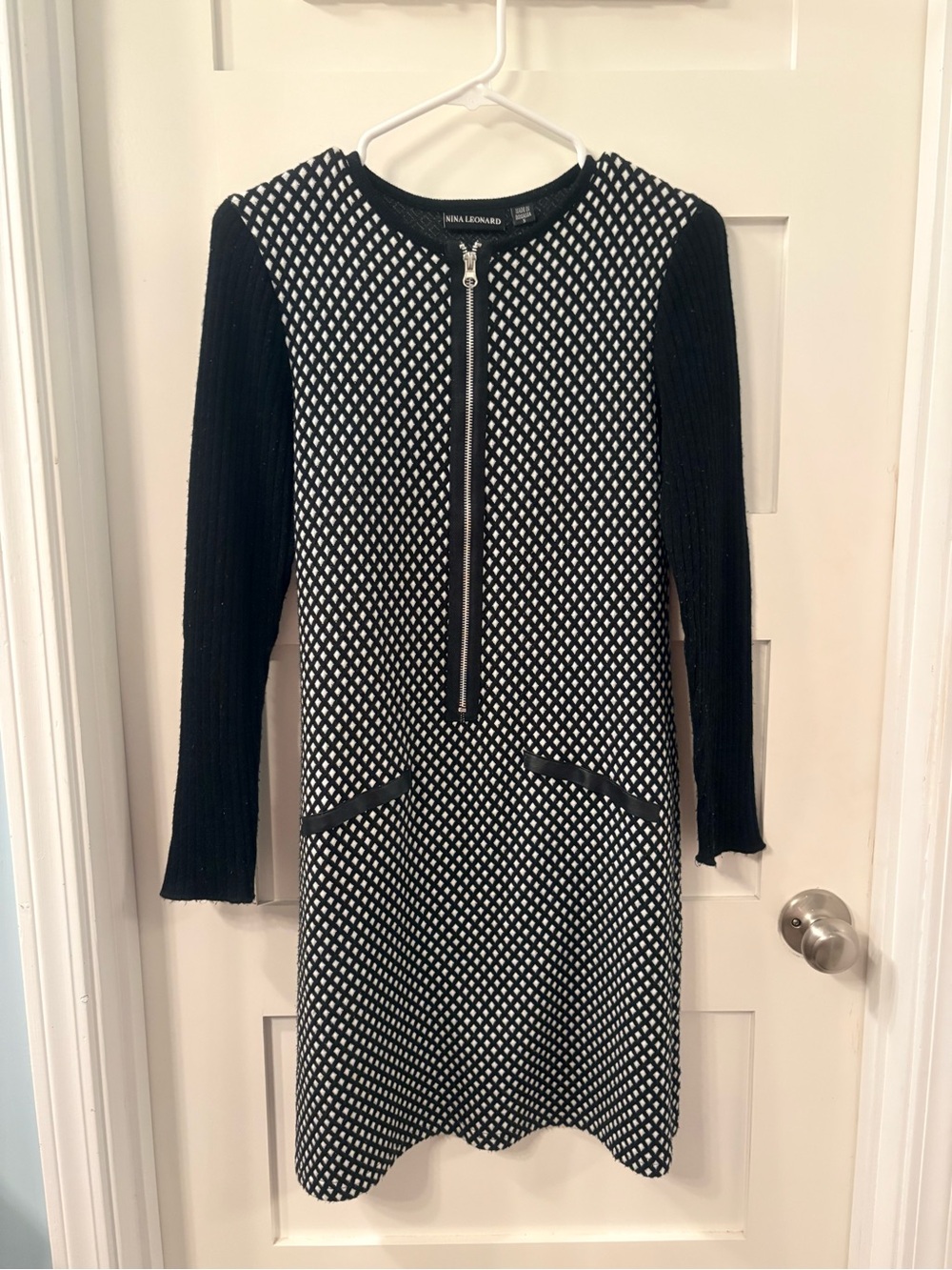 Nina Leonard Black & White Zip-Front Knit Long Sleeve Dress